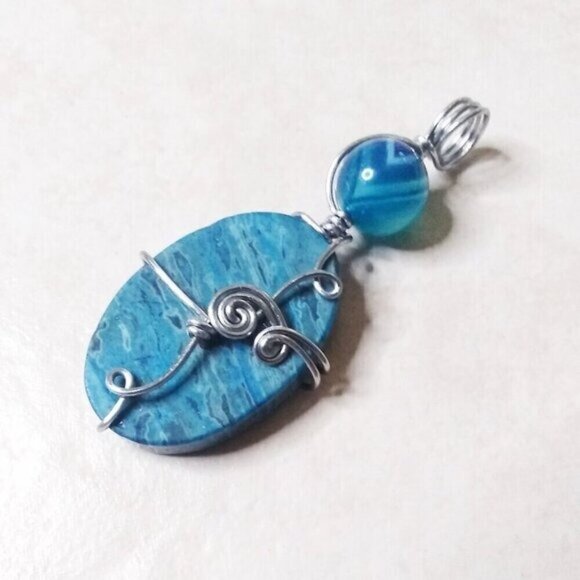 Blue Crazy Lace Agate & Banded Blue Agate ~ Wire Wrapped! Stacked Stone Pendant - Picture 2 of 10